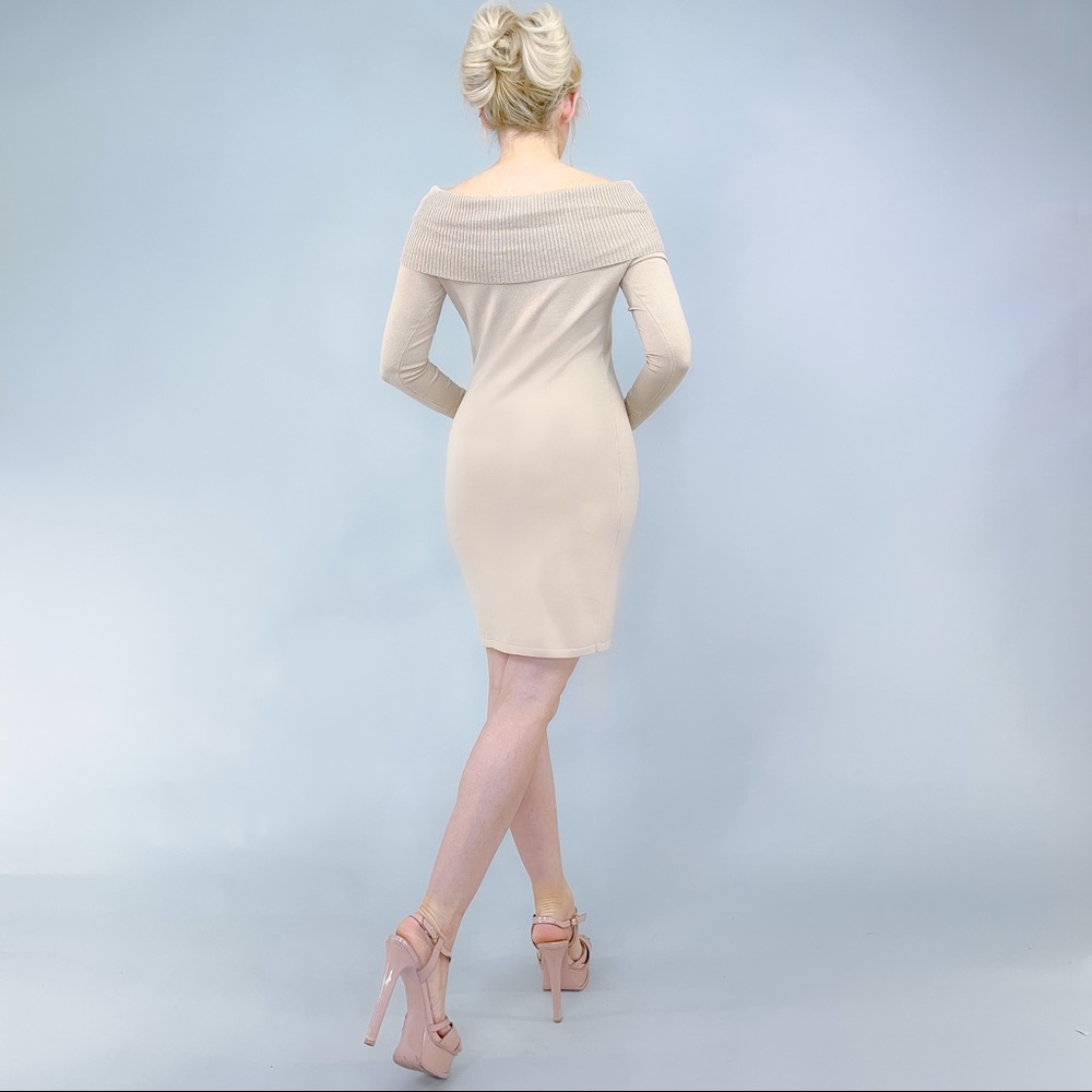 Off Shoulder Long Sleeve Fitted Sweater Dress - Picture 8 of 16